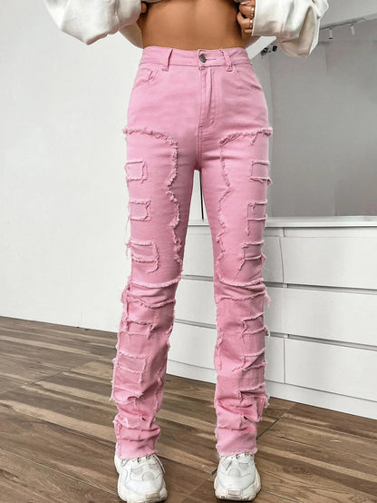 2024 New European and American Streetwise Stretch Patch for Women High Street Straight Fit Long Women's Jean