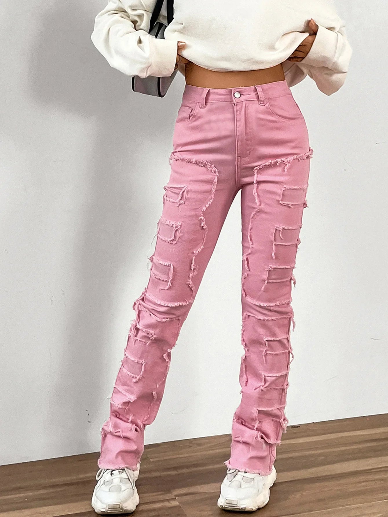 2024 New European and American Streetwise Stretch Patch for Women High Street Straight Fit Long Women's Jean