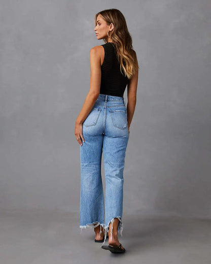 2024 New Fashion High Waist Straight Denim Vintage Tassel Women Baggy Spring Summer Blue Jean