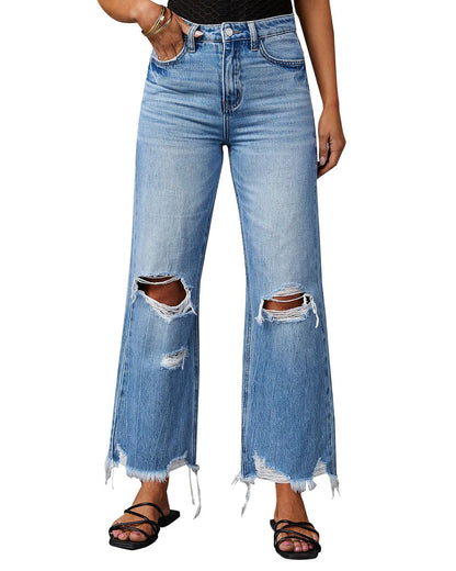 2024 New Fashion High Waist Straight Denim Vintage Tassel Women Baggy Spring Summer Blue Jean