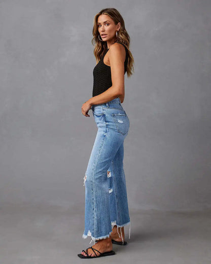 2024 New Fashion High Waist Straight Denim Vintage Tassel Women Baggy Spring Summer Blue Jean