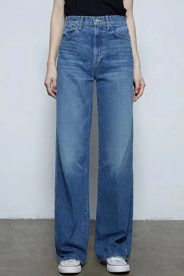 2024 New High-waisted Wide-leg Straight Women Solid-color Embroidered Letter Denim Long Jean