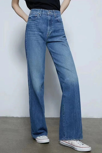 2024 New High-waisted Wide-leg Straight Women Solid-color Embroidered Letter Denim Long Jean