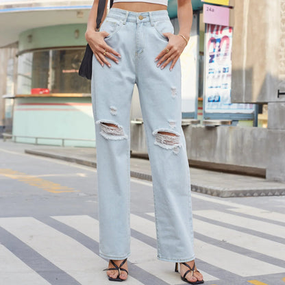 New Loose Retro Casual High Waist Ripped Wide Leg Street Fashionable Female Jean