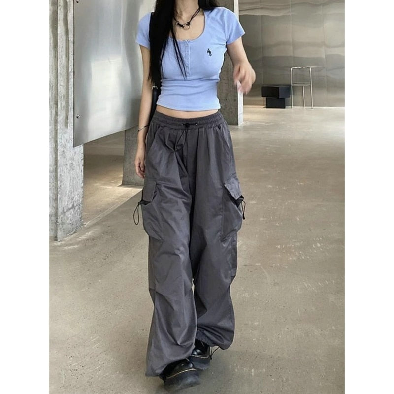 Straight Trousers Fashion Wide Leg Pockets Joggers Trousers