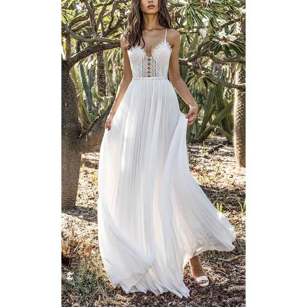 White Lace Maxi V-Neck Slim Sleeveless Boho Dress