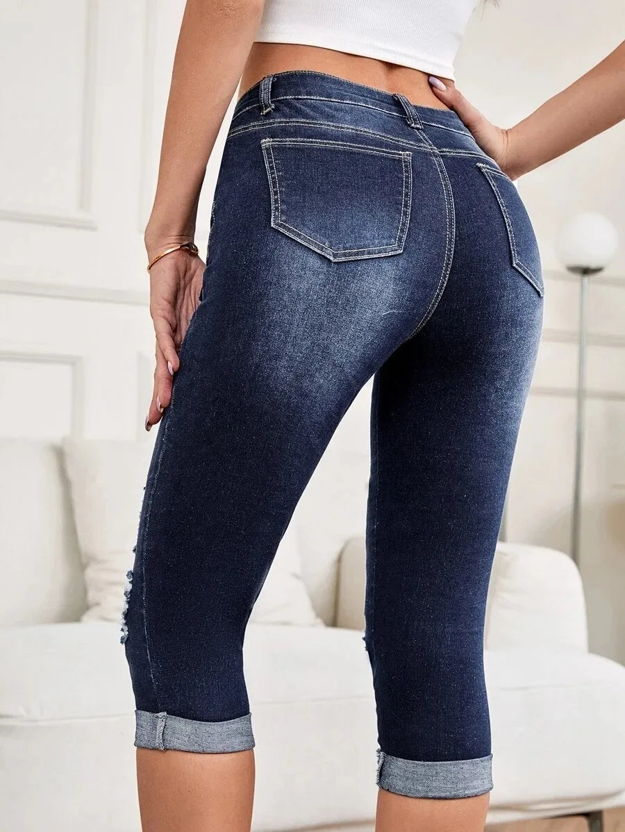 Summer New Skinny Stretch Ripped Calf-Length Casual Female Fashion Jean