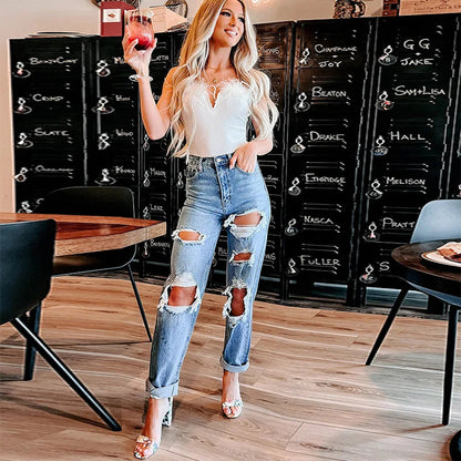 Trendy Blue High Waist Ripped Streetwear Casual Denim Jean