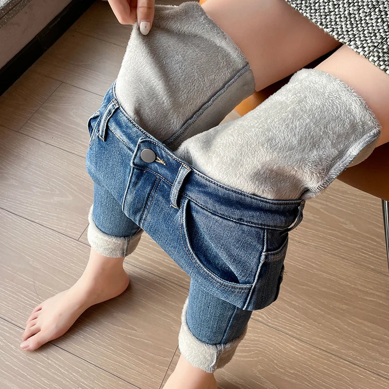 Winter Warm Plush Stretch Thermal Fleece Retro Thicken High Waist Jean