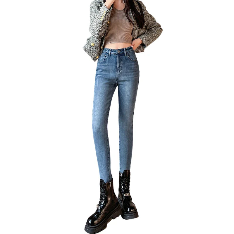 Winter Warm Plush Stretch Thermal Fleece Retro Thicken High Waist Jean