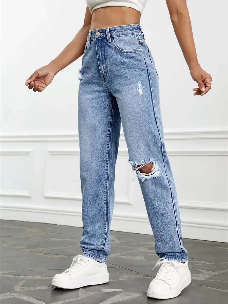 2024 Women Casual Fashion High Streetwear Ripped Holes Denim Pants Female Vintage Trousers Jean