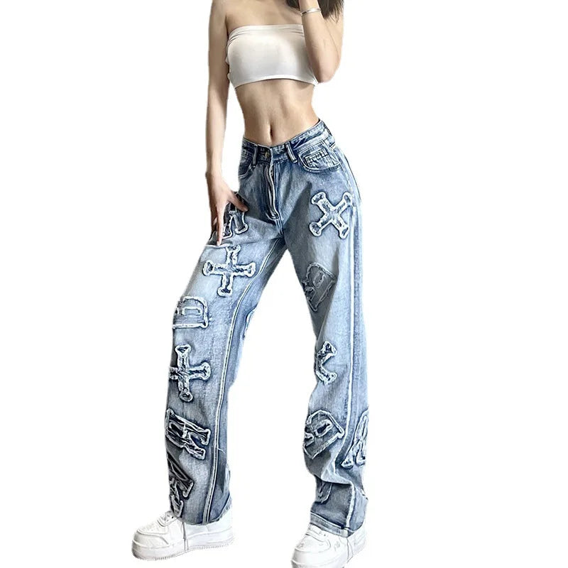 2024 Women Letter Patch Wide Leg Blue High Waist Personality Baggy Streetwear Y2K Fashion Cotton Denim Jean