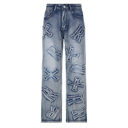 2024 Women Letter Patch Wide Leg Blue High Waist Personality Baggy Streetwear Y2K Fashion Cotton Denim Jean