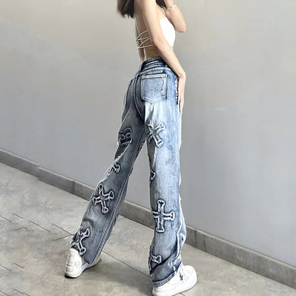 2024 Women Letter Patch Wide Leg Blue High Waist Personality Baggy Streetwear Y2K Fashion Cotton Denim Jean