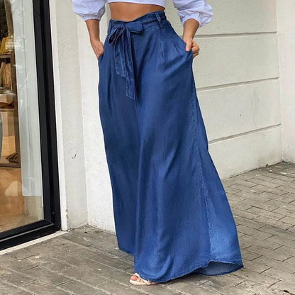 2024 Women Long High Waist Fashion Belted Casual Loose Solid Streetwear Skirt Jean