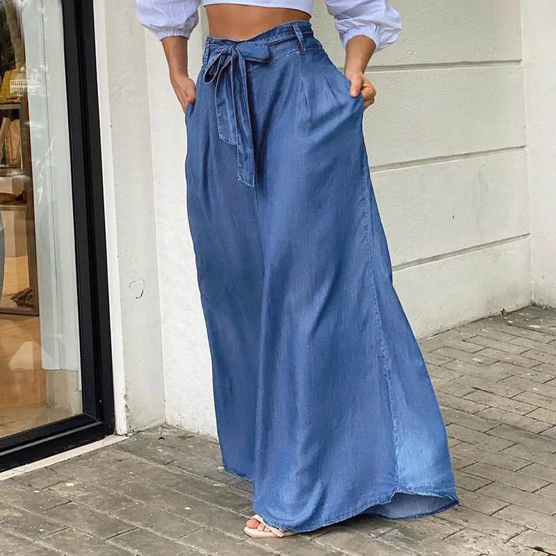 2024 Women Long High Waist Fashion Belted Casual Loose Solid Streetwear Skirt Jean