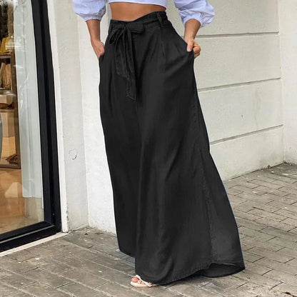 2024 Women Long High Waist Fashion Belted Casual Loose Solid Streetwear Skirt Jean