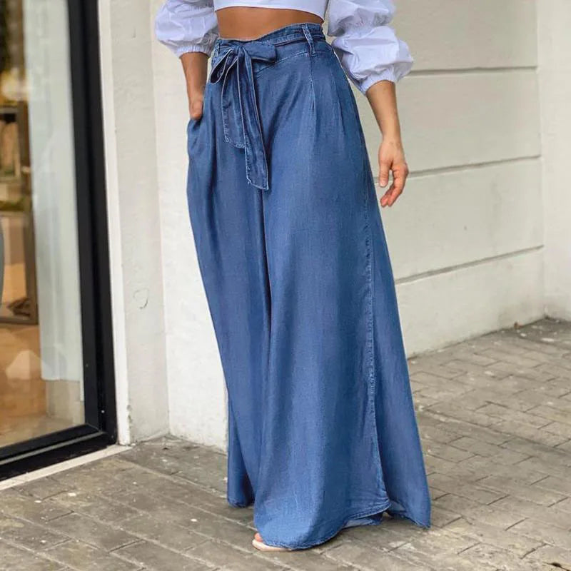 2024 Women Long High Waist Fashion Belted Casual Loose Solid Streetwear Skirt Jean