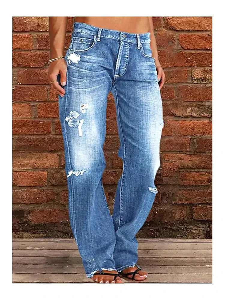 Vintage Middle-Waist Ripped Straight Blue Wide-Leg Denim Jean