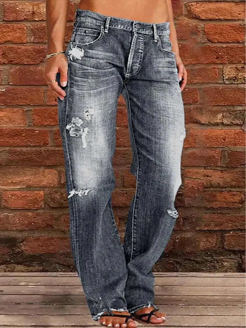 Vintage Middle-Waist Ripped Straight Blue Wide-Leg Denim Jean