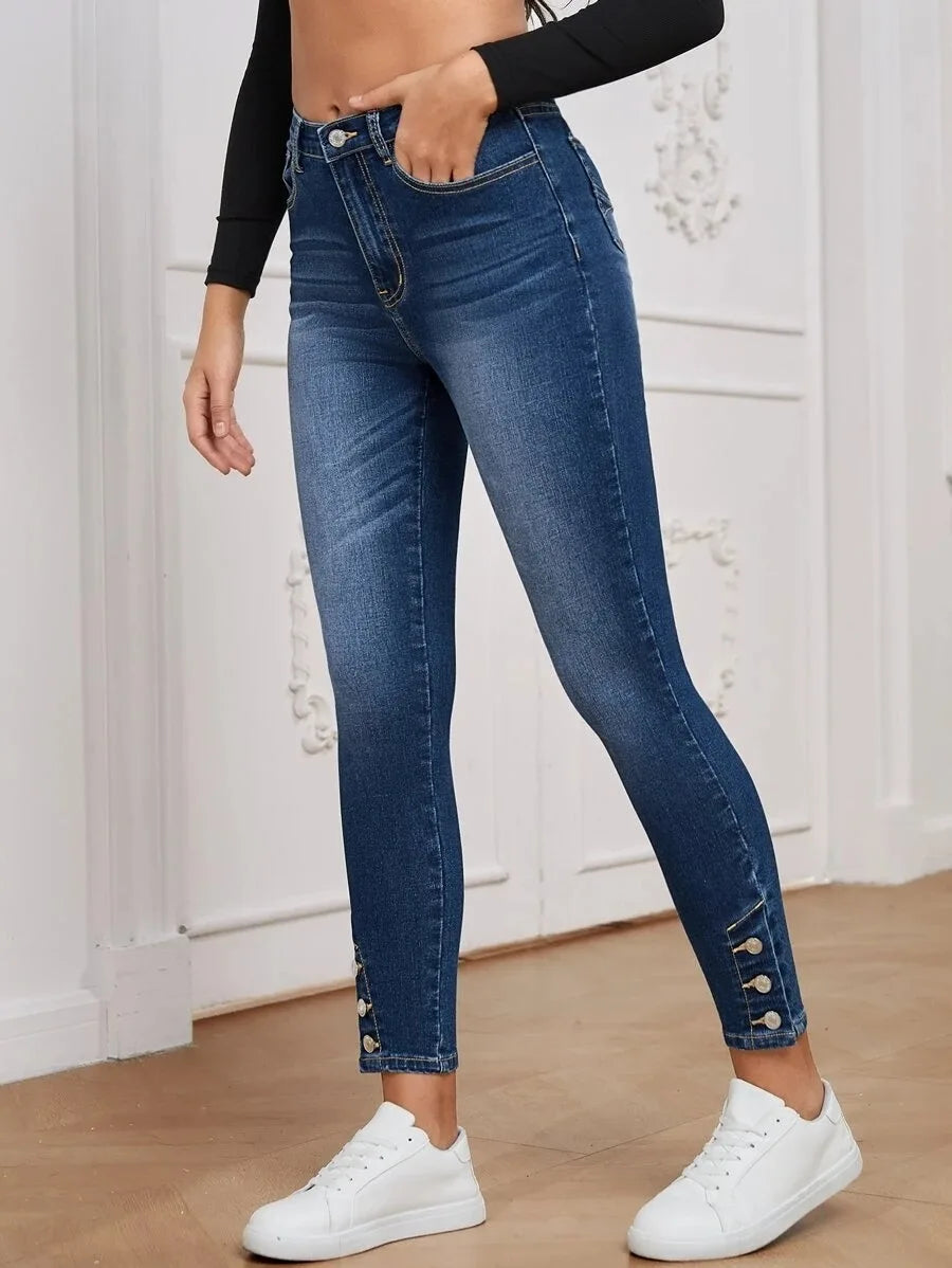 Stretch Skinny Pencil High Waist Slim Large Full Length Distressed Jean