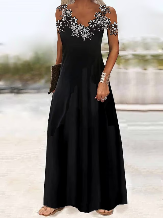 Timeless Grace Black Floral Lace Patchwork Maxi Dress