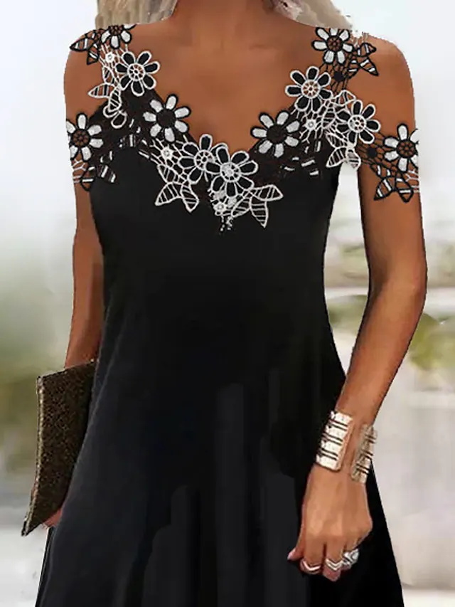 Timeless Grace Black Floral Lace Patchwork Maxi Dress