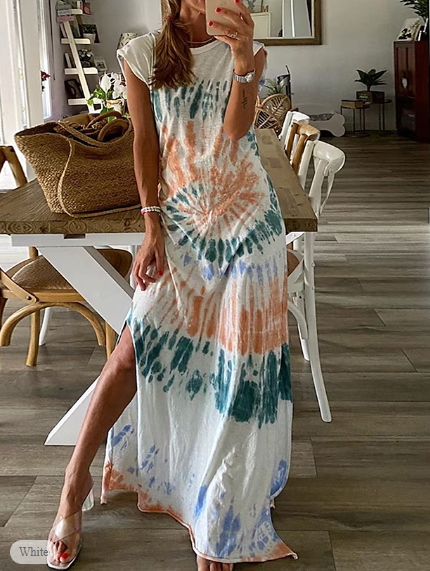 Tie Dye Split Print Crew Neck Maxi Dress