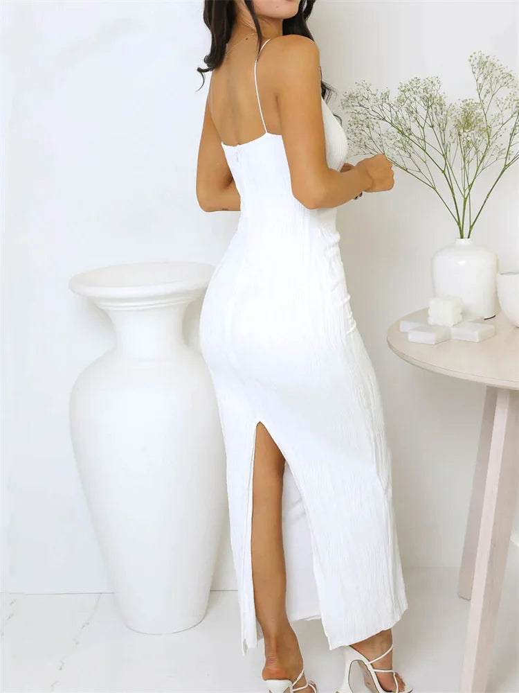 2024 Women Long Ruched Sleeveless Slim Solid Summer Party Back Split Clubwear Female Maxi Dress