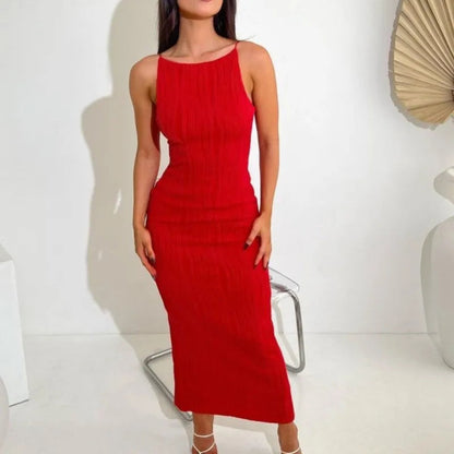 2024 Women Long Ruched Sleeveless Slim Solid Summer Party Back Split Clubwear Female Maxi Dress