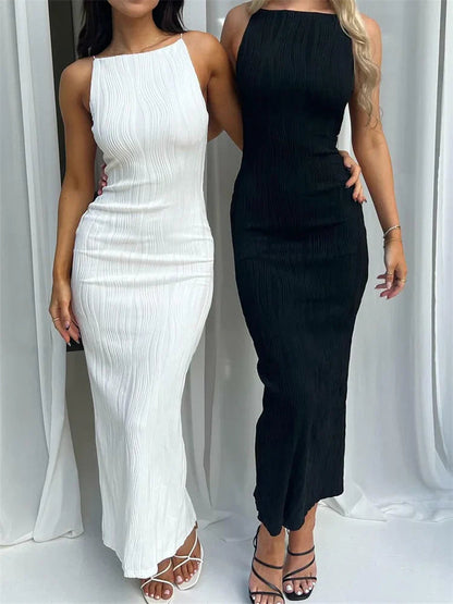 2024 Women Long Ruched Sleeveless Slim Solid Summer Party Back Split Clubwear Female Maxi Dress