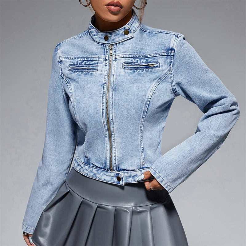 Streetwear Denim Cropped Gothic Button Ripped Bomber Long Sleeve Jacket