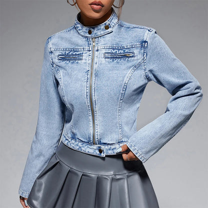 Streetwear Denim Cropped Gothic Button Ripped Bomber Long Sleeve Jacket