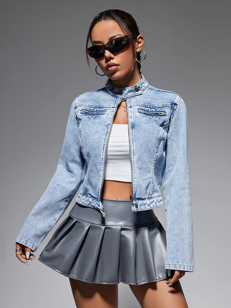 Streetwear Denim Cropped Gothic Button Ripped Bomber Long Sleeve Jacket