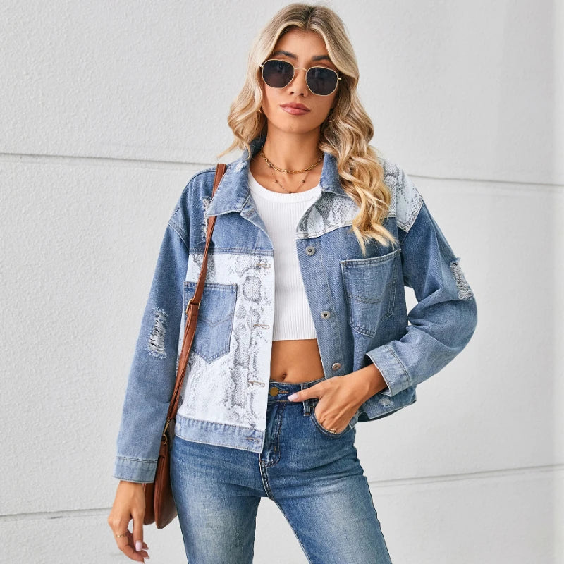 2024 Autumn Denim Stand Collar Patchwork Slim Fit High Waist Jacket