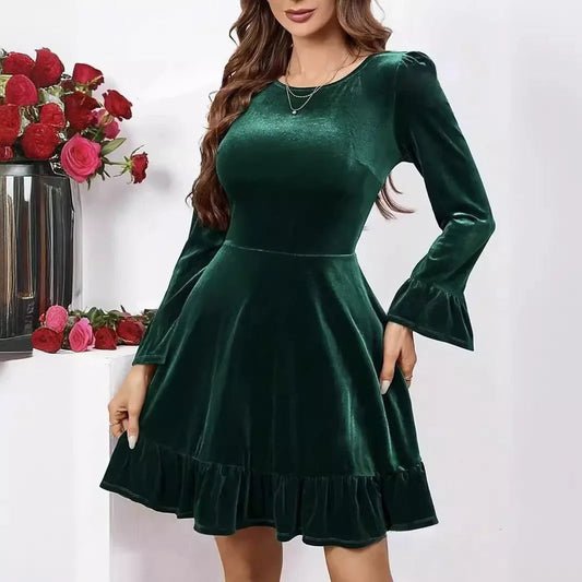 Autumn Winter A-Line Ruffles Elegant Party Golden Velvet Mini Nightdress Christmas Party Dress