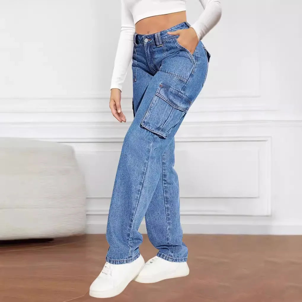 2024 Blue Autumn Cargo Women High Waist Button Pocket Denim Pants High Quality Female Cowboy Jeans