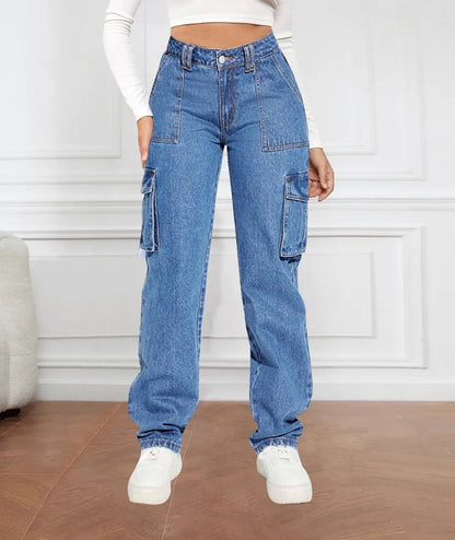 2024 Blue Autumn Cargo Women High Waist Button Pocket Denim Pants High Quality Female Cowboy Jeans