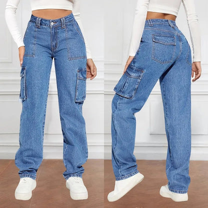 2024 Blue Autumn Cargo Women High Waist Button Pocket Denim Pants High Quality Female Cowboy Jeans