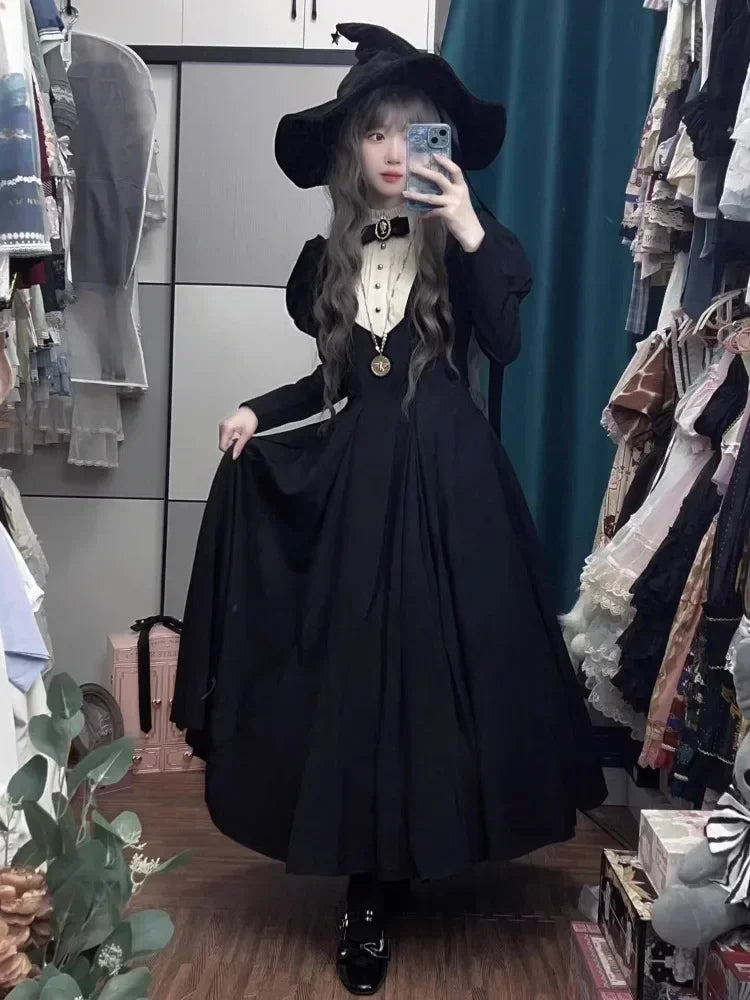 New Gothic Punk Dark Lolita Harajuku Vintage Black Long Bubble Sleeve Waist Cinched Autumn Winter Dress