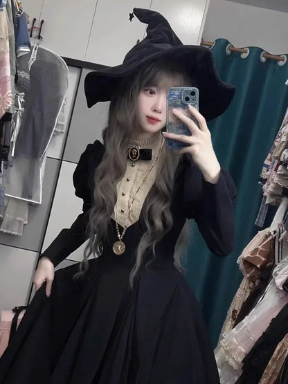 New Gothic Punk Dark Lolita Harajuku Vintage Black Long Bubble Sleeve Waist Cinched Autumn Winter Dress