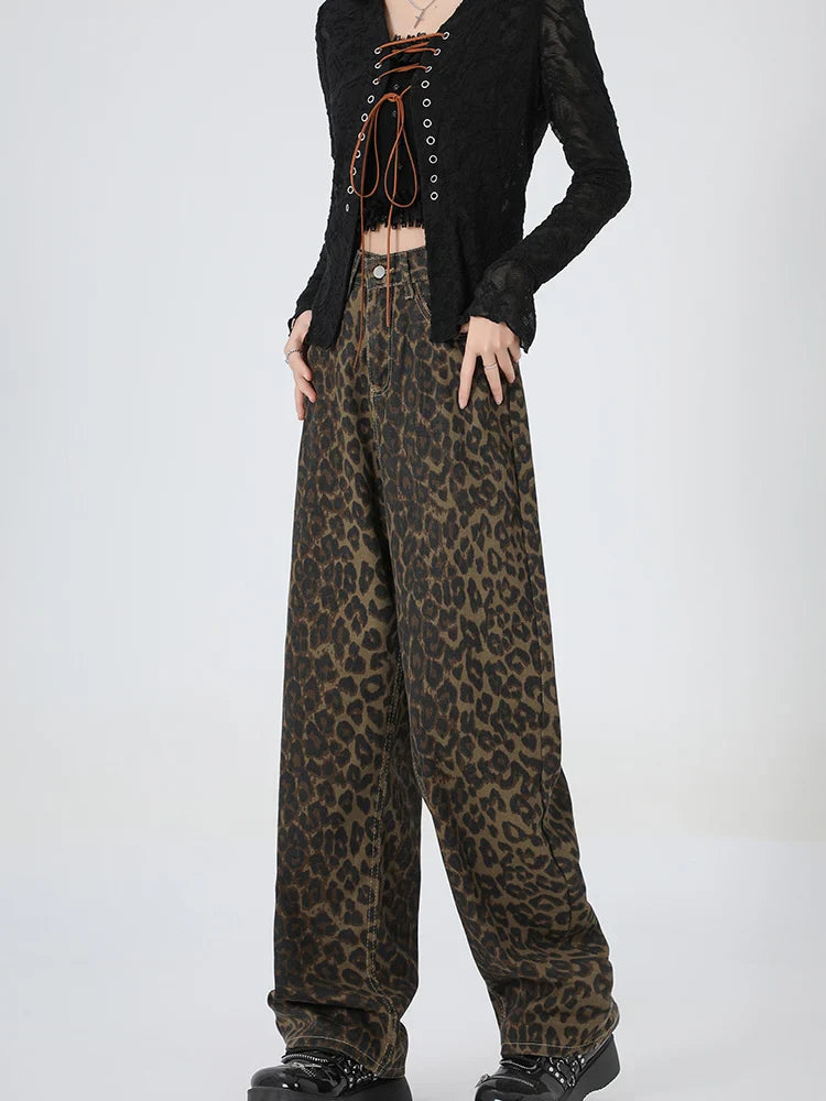 2024 New Leopard Print Wide Leg Women High Waisted Fashion Streetwear Retro Y2K Denim Baggy Casual Straight Jean