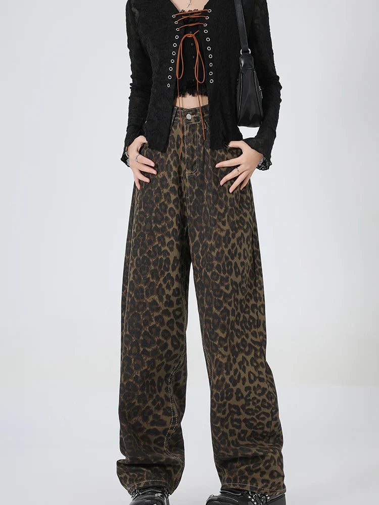 2024 New Leopard Print Wide Leg Women High Waisted Fashion Streetwear Retro Y2K Denim Baggy Casual Straight Jean