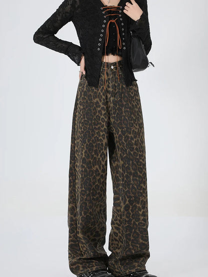 2024 New Leopard Print Wide Leg Women High Waisted Fashion Streetwear Retro Y2K Denim Baggy Casual Straight Jean