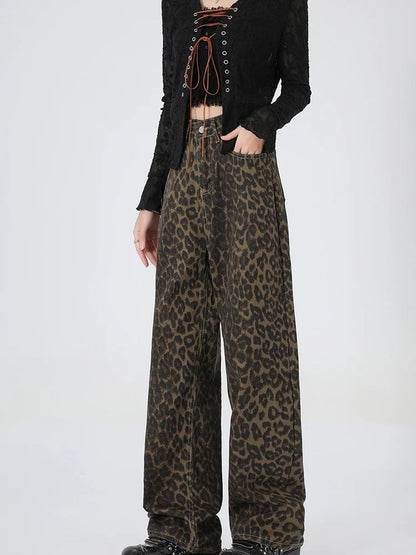 2024 New Leopard Print Wide Leg Women High Waisted Fashion Streetwear Retro Y2K Denim Baggy Casual Straight Jean