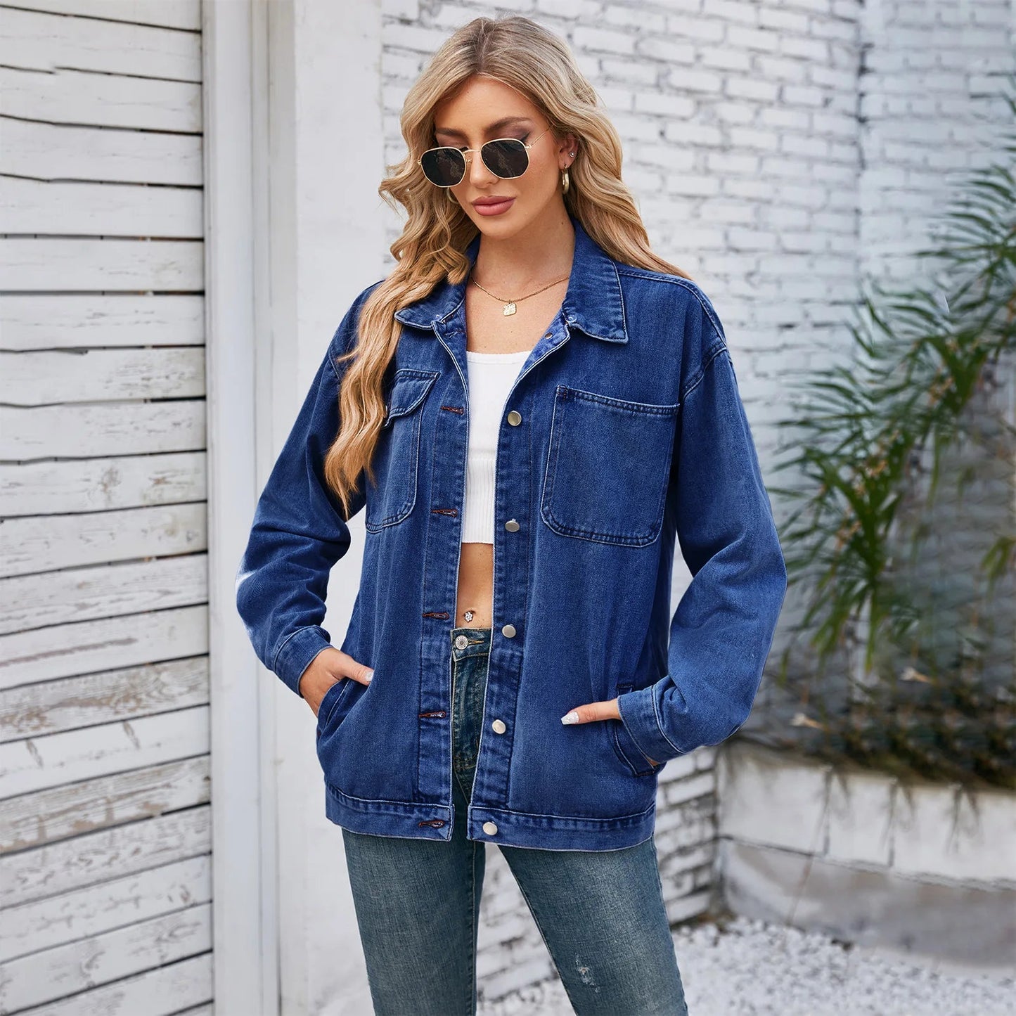 Womens Autumn Spring Oversized Denim Casual Distressed Boyfriend Comfy Jacket