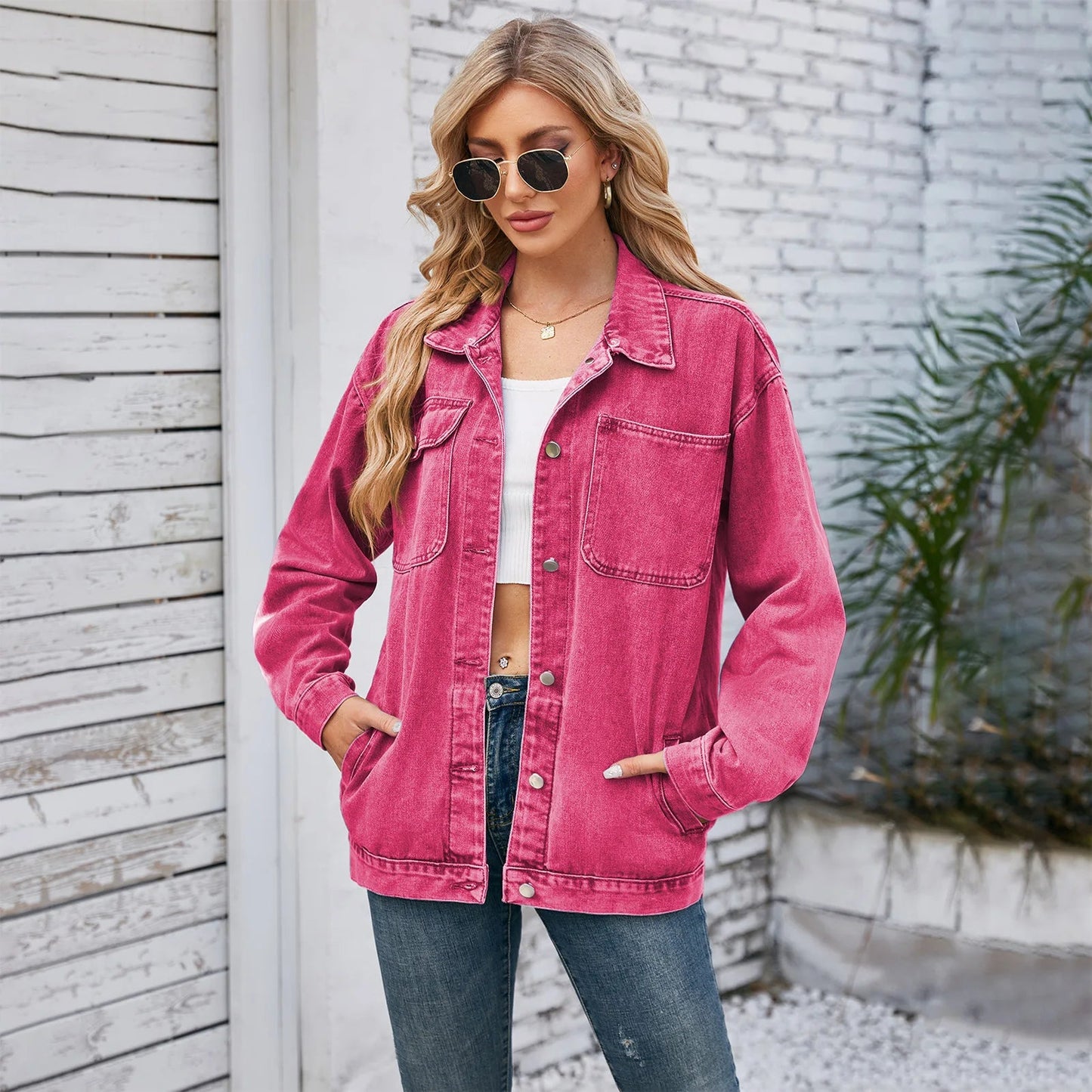 Womens Autumn Spring Oversized Denim Casual Distressed Boyfriend Comfy Jacket