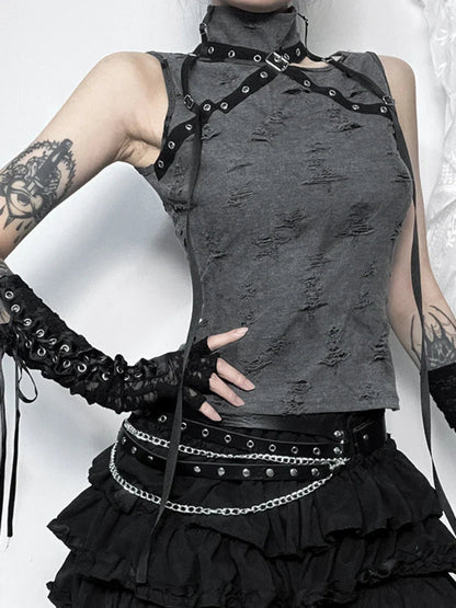 Vintage Gothic Print Retro Punk Sexy Sleeveless Five Pointed Star Crop Top