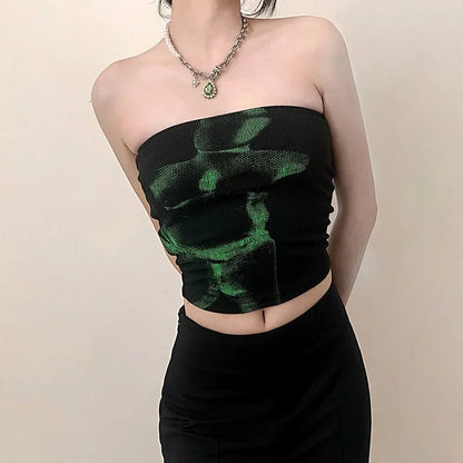 Vintage Punk Strapless Backless  Basic Crop Top