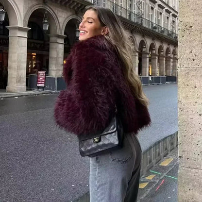 Wine Red Cropped Faux Fur Coat